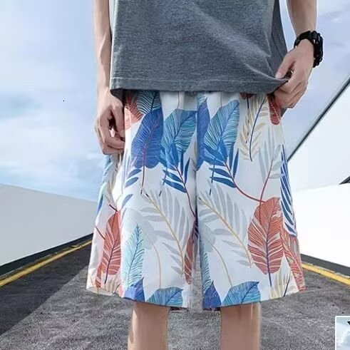 Beach men's summer thin quick drying swim trunks, trendy printed large shorts, loose sleeping pants, casual cropped pants