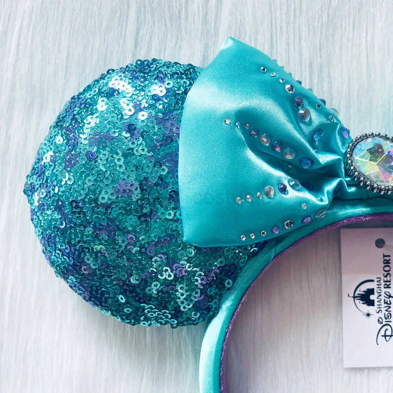 Disney Mermaid Ariel Headband Adult/Children Disneyland Mickey Emerald Green Sparkling Bow Female Minnie Ears X250425