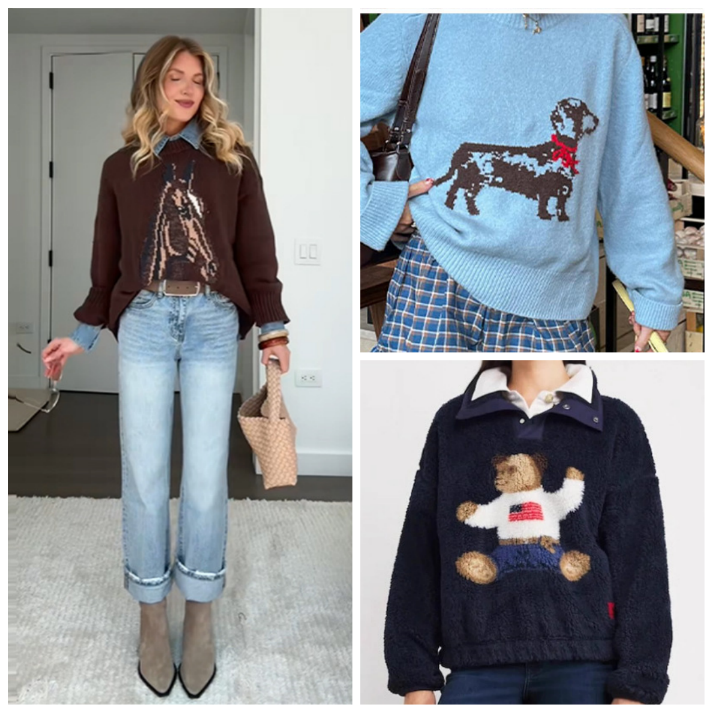 Women's Sweaters Cute Bear Little horse Pattern Sweatshirts High Collar Warm Polar Fleece Sweater Soft Blouses Tops 2025 Winter Lady Y2K Clothes