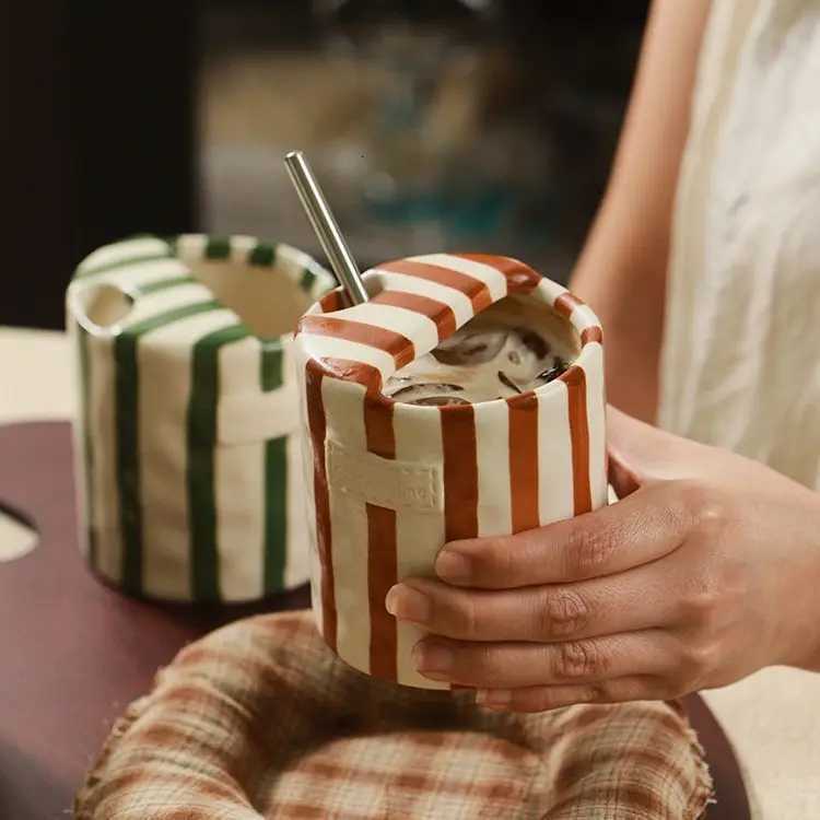 Hand-Painted Retro Striped Coffee Mug Vintage Breakfast Cup for Couples InsulatedEco-Friendly Instagram-Worthy Home Decor Y251125