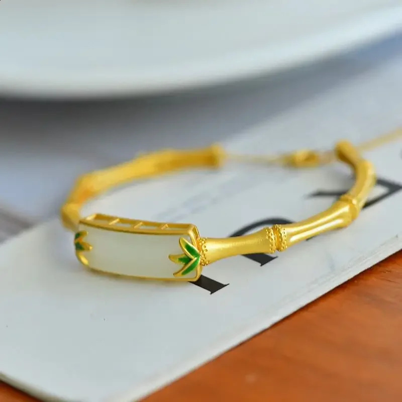 Classic Natural an Jade Leaf Bamboo bracelet for women Square Enamel quietly elegant Style bangles Banquet Jewelry 250424
