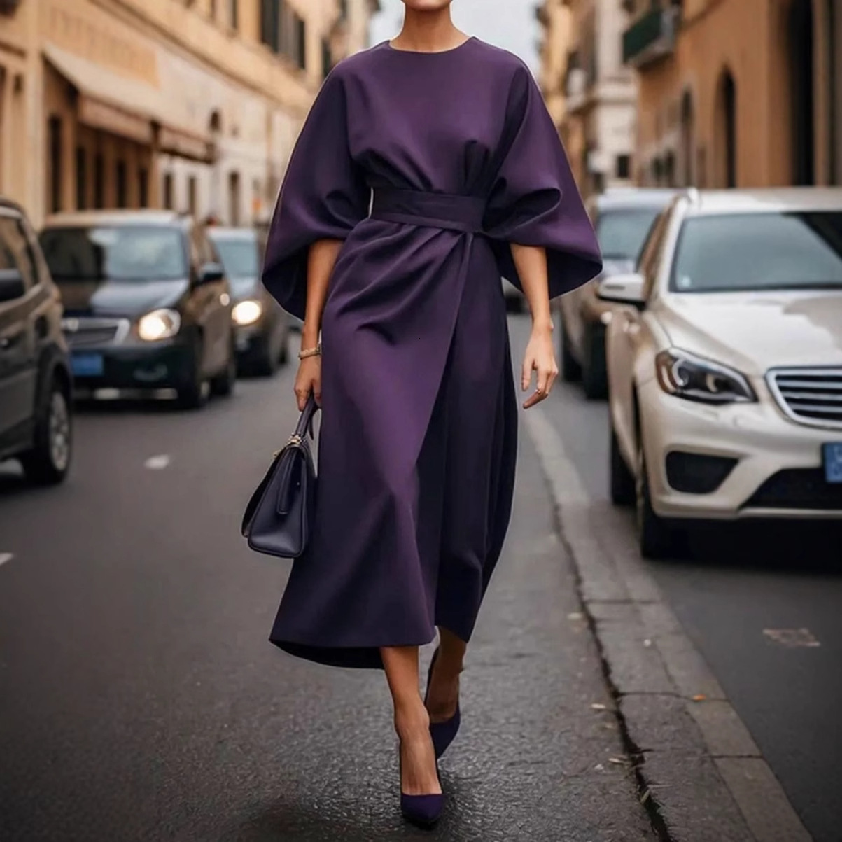2025 Womens Fashion Elegant Solid Color Waist Dress Casual Bat Sleeve Long Dress