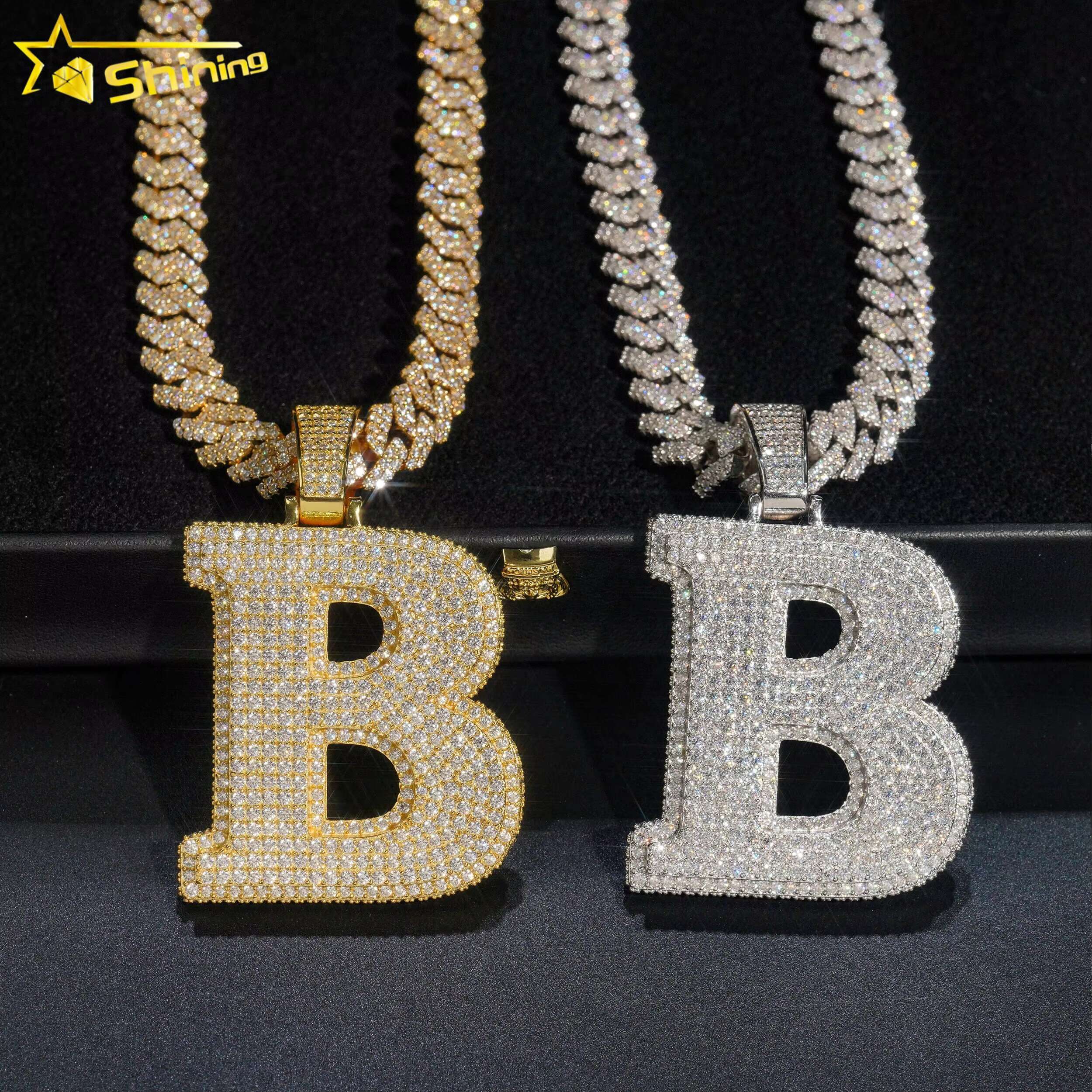 Iced Out Hip Hop Jewelry 925 Sterling Silver Gold Plating VVS Diamond Necklace Initial Letter Moissanite Pendant