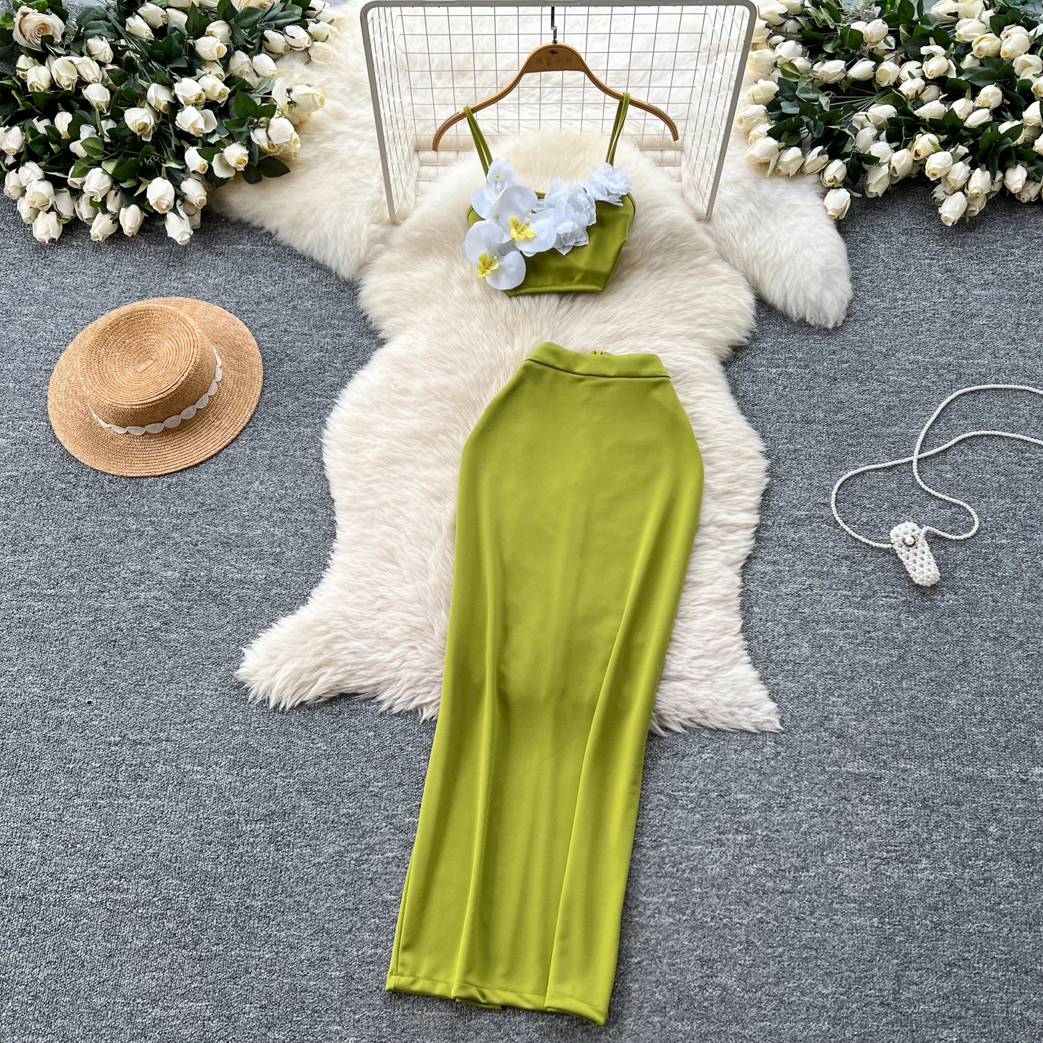 Fashionable and elegant sleeveless 3D sweetheart beach vacation party womens summer pencil skirt two-piece set 250422