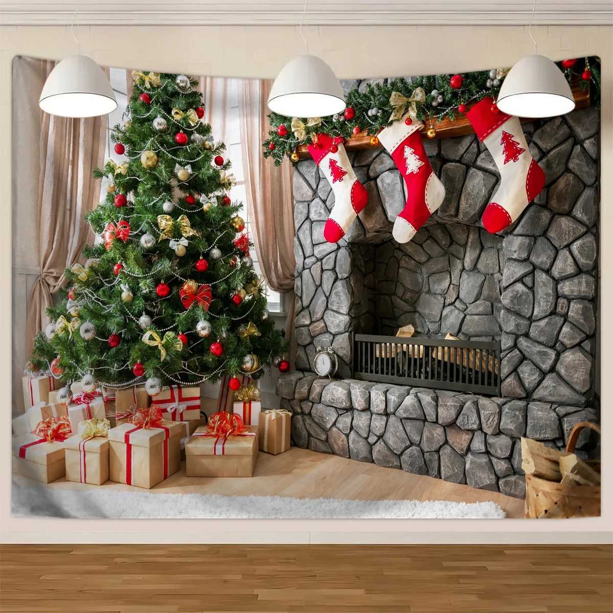 1pc Christmas tapestry Christmas tree fireplace snow background cloth Christmas party photography background wall clothM251125