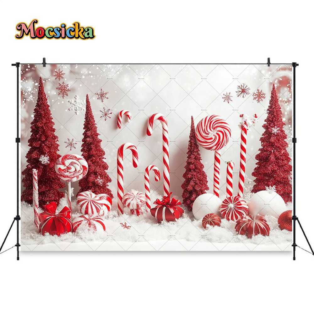 Christmas Candy Cane Background Photography Red Xmas Tree Decor Balls Snowy Wonderland Backdrop Winter Kid Birthday Photo StudioM251125