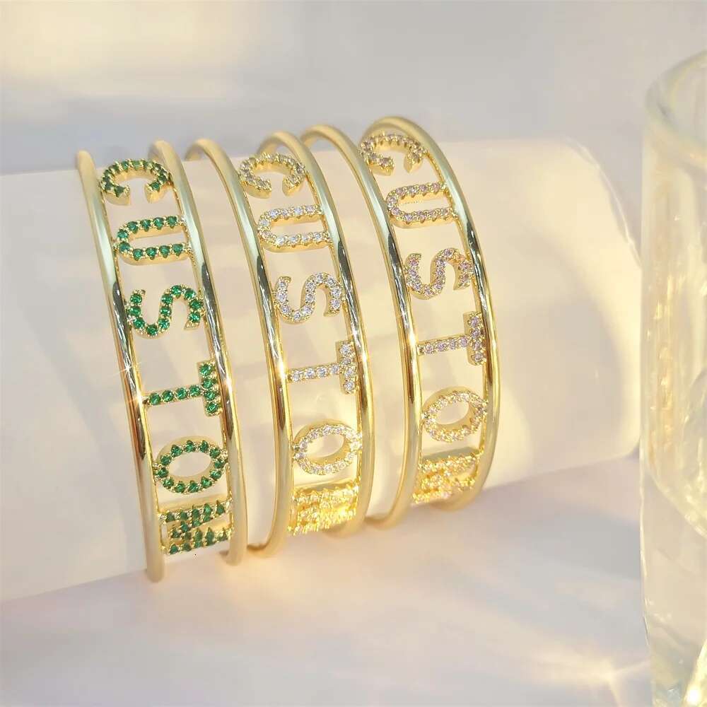 Doremi 9mm Letter Colorful Zircon Cuff Custom Initial Name Hallow Bangle Personalized Adjustable Women Gifts Jewelry