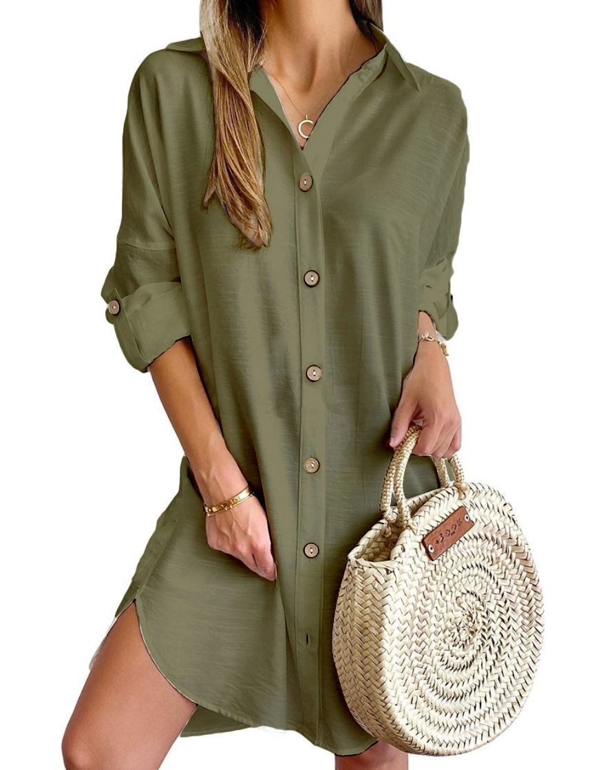 2024 autumn casual long sleeved lapel button up shirt dress for women