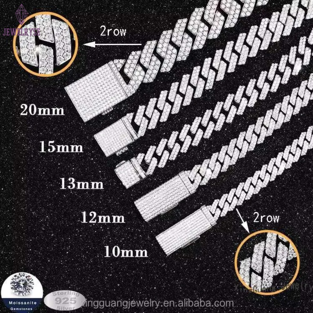 Hip Hop Jewelry 2rows 8mm 10mm 12mm 13mm 14mm 15mm VVS Dia Cuban k Chain Sier Moissanite Necklace