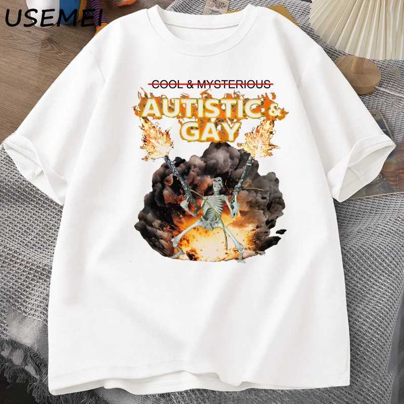 Autism and homosexuality skeleton explosion T-shirt boneless autism meme T-shirt cotton short sleeved graphic T-shirt W250425