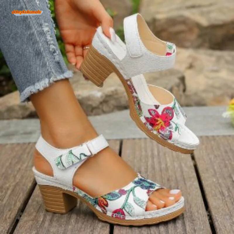 Peep Toe Hihg Summer Gladiator Chunky Heel Platform Women's Sandals Flower Ladies Heeled Shoes ddmykukumalu