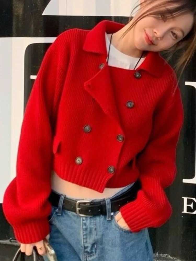 Womens Autumn Winter New Style Korean Outerwear Long Sleeve Warm Sweater Double-Row Button Solid Color Turndown Collar CardiganT251125