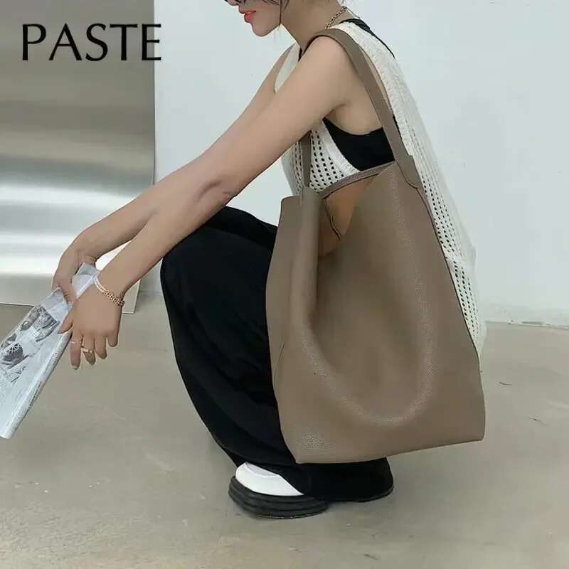 Designer Bag 100% Soft Shoulder Female Big Natural Real Cow Women Leather Handbags Bucket Ladies Tote Hand Bags Grey