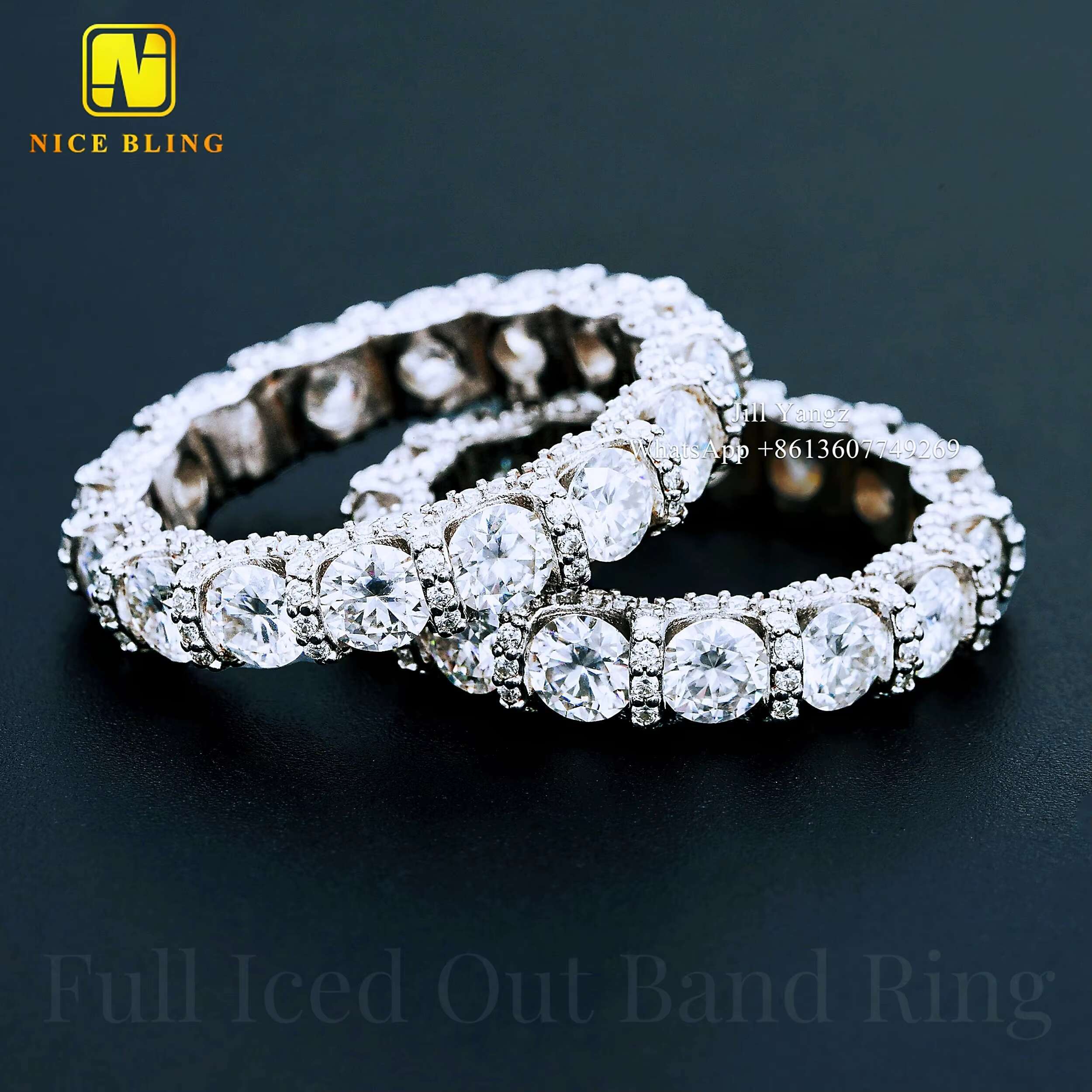 Side Setting Band Ring Vvs Moissanite 925 Sterling Silver Rings for Men Hip Hop Rock Fine Jewelry