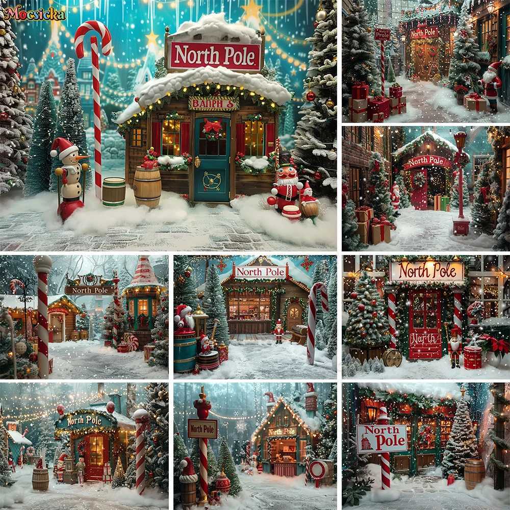 Christmas Photography Background North Pole Candy Cane Town Fairy Tale Backdrop Xmas Gift Shop Kids Winter Outdoor PhotocallM251125