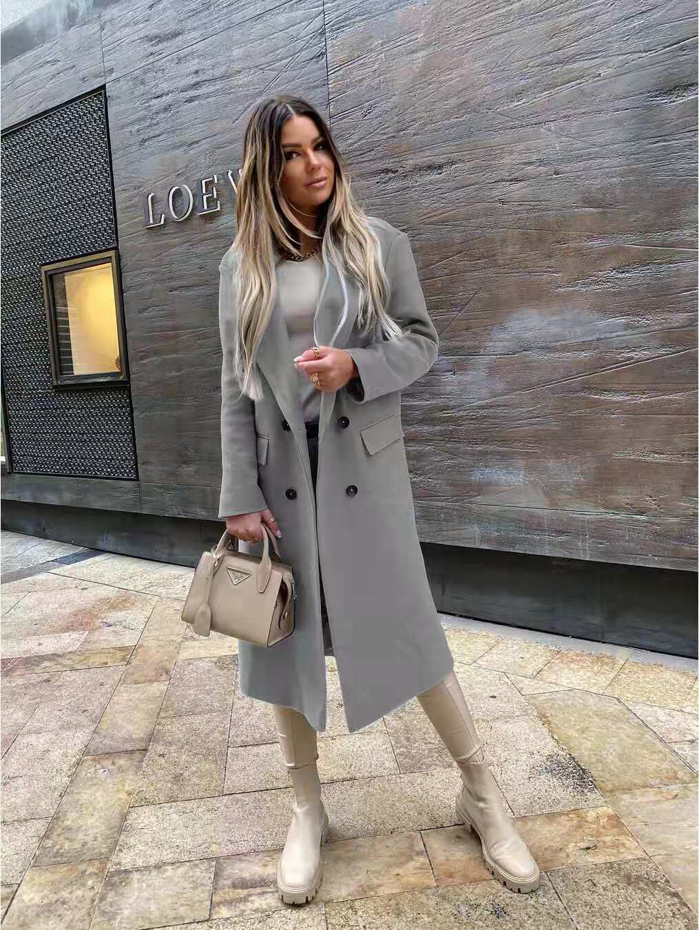 Autumn and winter 2021 long sleeved suit collar double breasted Nizi coat overcoat female