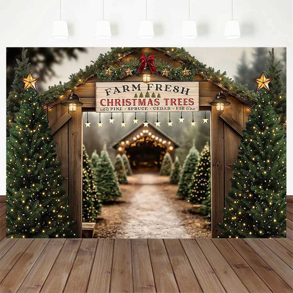 Mocsicka Christmas Tree Farm Background Photography Glitter Star Green Pine Wooden Door Backdrop Winter Family Kids Photo StudioM251125