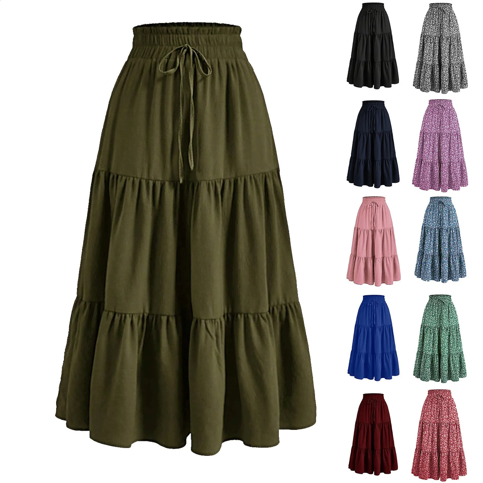 Womens Bohemian retro floral print Maxi leather lace elastic waist loose long leather Falda short holiday Flowy A-line skiing 250422
