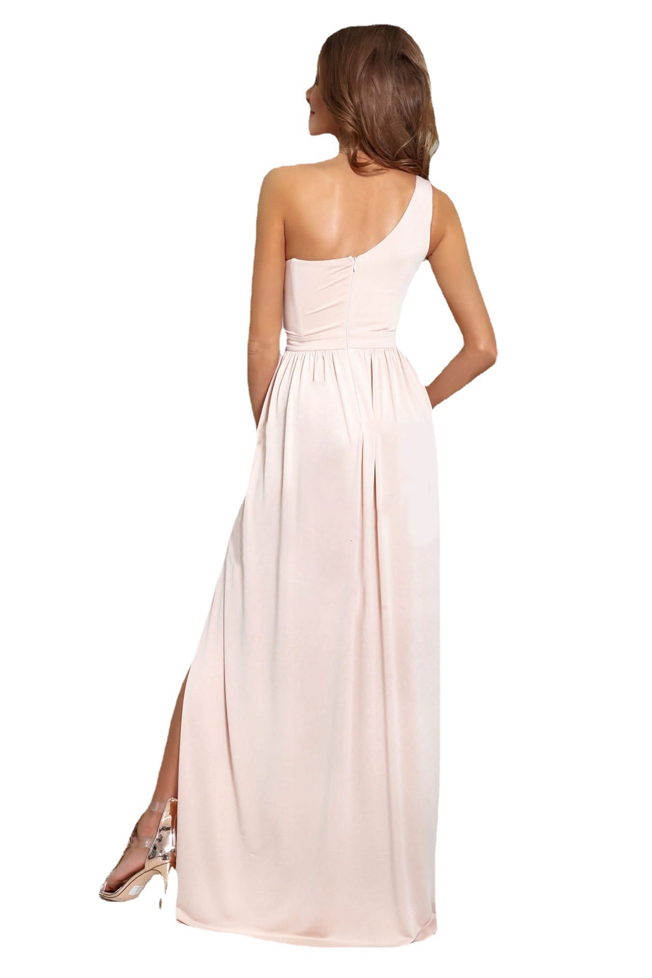 2022 new sexy solid color single shoulder hollow out hanging neck high waist split extra long dress womens wear