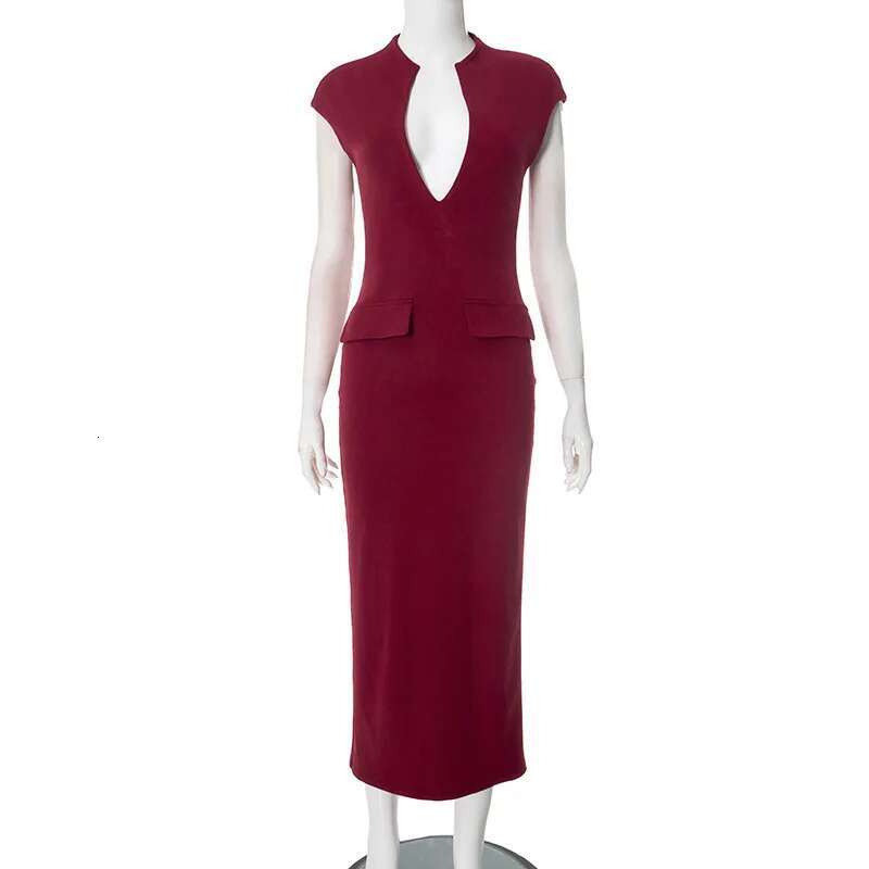 Dongdumaoyi Townlike Pockets Slim Bodycon Dress Women Elegant Midi Long Summer Deep V Neck Nightclub Sexy Party Dresses