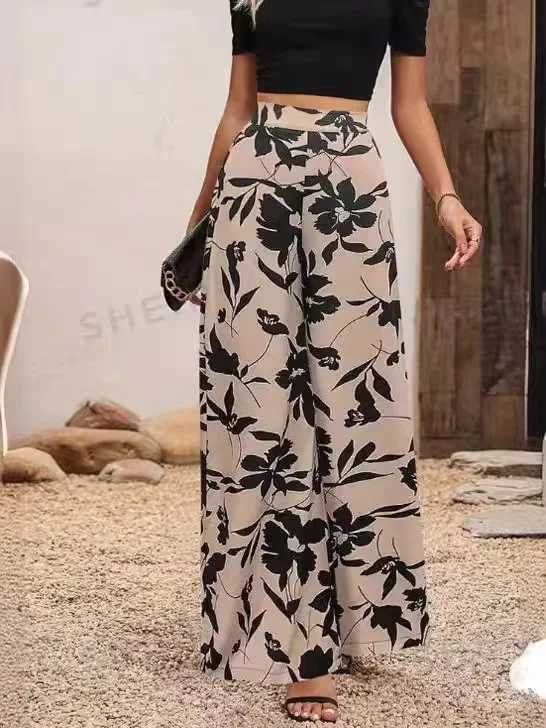 Casual Printed Wide Leg Pants for Womens Fashion Street High Waist Simple Pants for Womens Bohemian Loose Full Match Pants BlackC250425