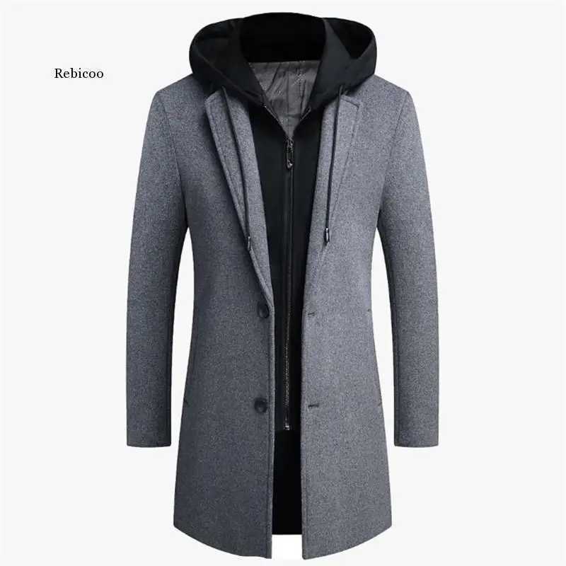 Autumn Winter Mens Hooded Wool Jacket Autumn Mens Long Windproof Wool Coat Casual Thick Slim Jacket MaleT251125