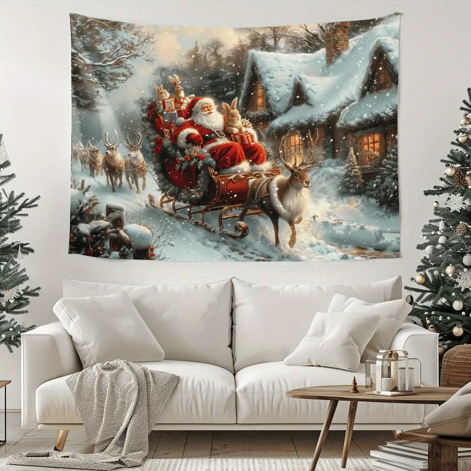 1pcs Santa Claus Sleigh Tapestry for Snow Town Scenery Wall Hanging in Living Room and Bedroom Holiday Party DecorationM251125