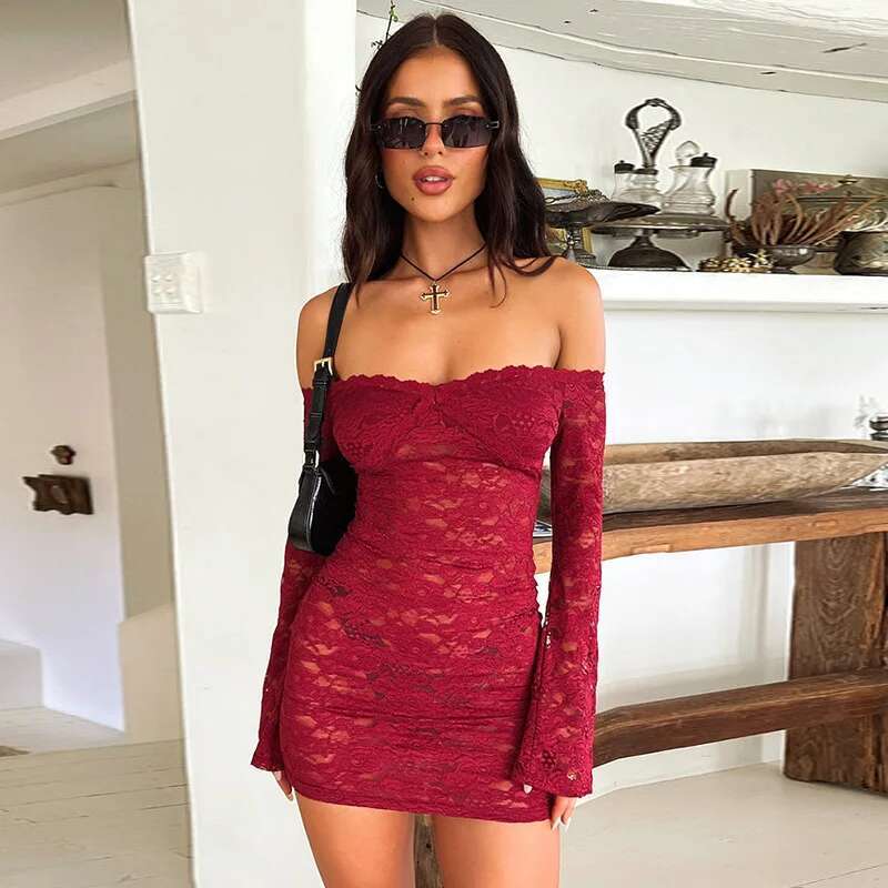Dongdumaoyi Townlike Perspective Lace Sexy Party Dress Women Off Shoulder Mini Autumn Winter Slim Bodycon Dresses Vestidos