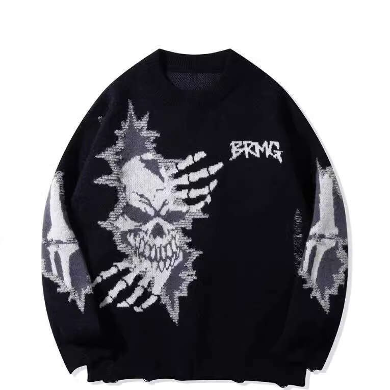 Autumn/Winter New Personalized Skull Design Round Neck Loose Long Sleeve Knitted Sweater