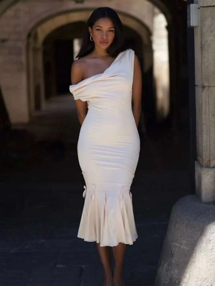 Dongdumaoyi Townlike Midi Long Elegant Mermaid Dress Women One Shoulder Summer Pleated Slim Bodycon Sexy Party Dresses