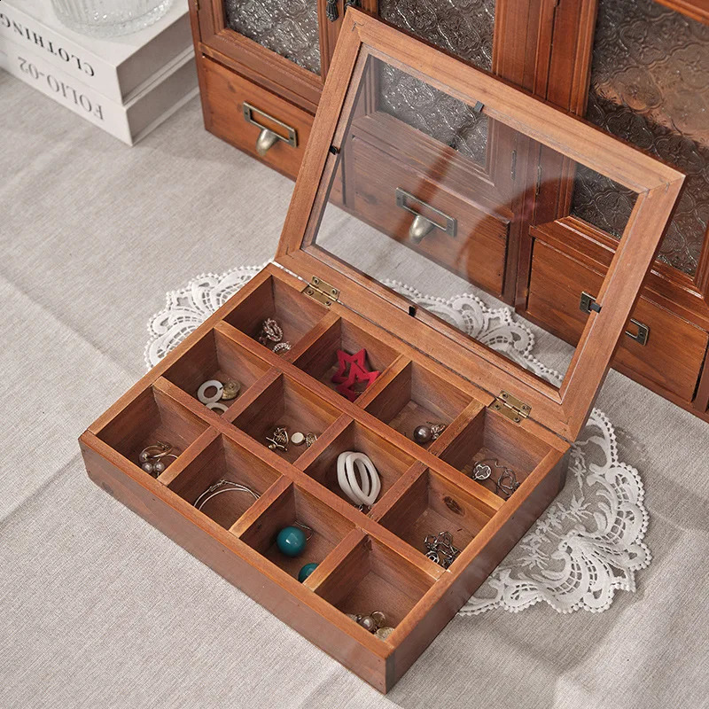 Vintage solid wood jewelry box Desktop storage box Wooden jewelry box play lattice storage box lattice glass cover wooden box 250424