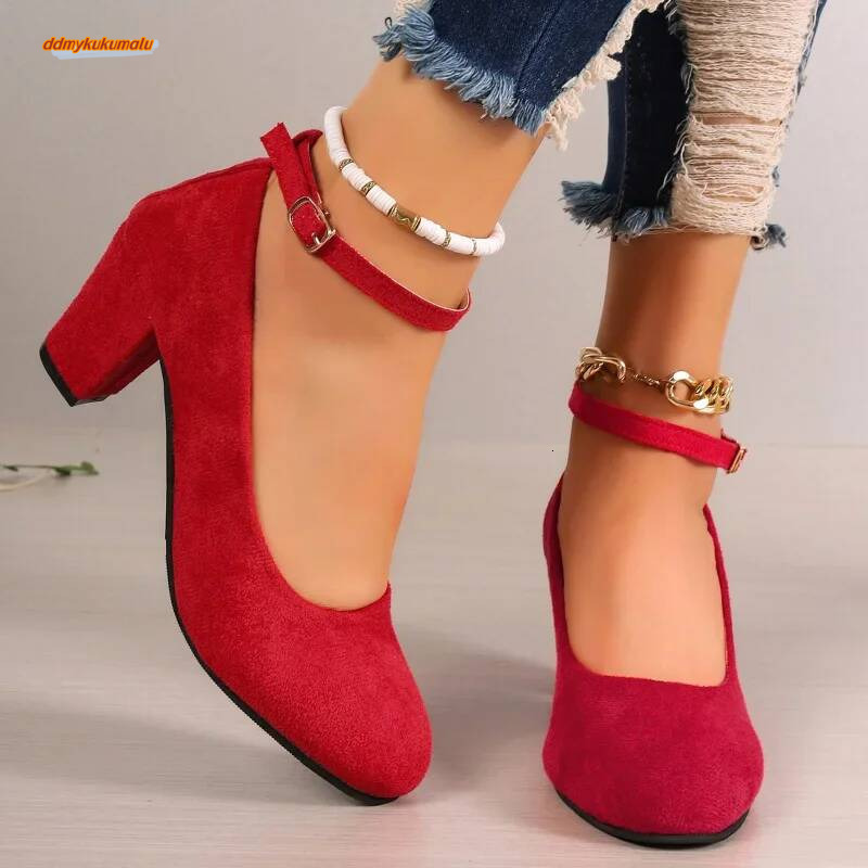 Autumn New Thick Heels Women's Black One-line Buckle Shallow Mouth Woman Single Pumps Suede Large Size Work Shoes ddmykukumalu