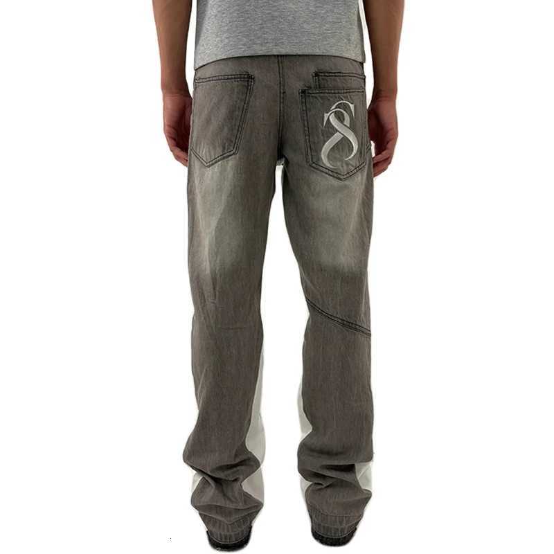 Fashion Y2K Retro Flared Denim Pants Spliced Grey White Patch Wash Distressed Jeans Men Harajuku Hip Hop Streetwear Unisex Baggy Pants Y251124