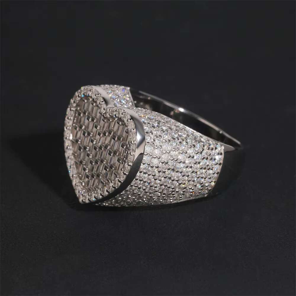 Baguette Silver Plated Hip Hop Style VVS Moissanite Jewelry Heart Shape Custom Iced Out Ring 925 Silver Diamond Rings Women Men