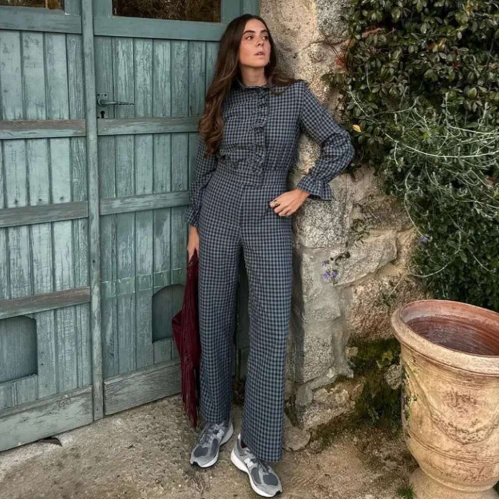 Pb&Za 2024 Spring New Women's Fashion Temperament Casual Versatile Bubble Sleeve Plaid Long Jumpsuit