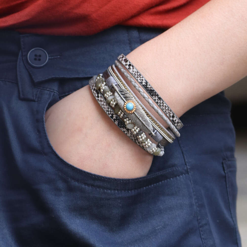 Women's Feather Trendy Personalized Turquoise Crushed Stone Multi layer Leather Bracelet