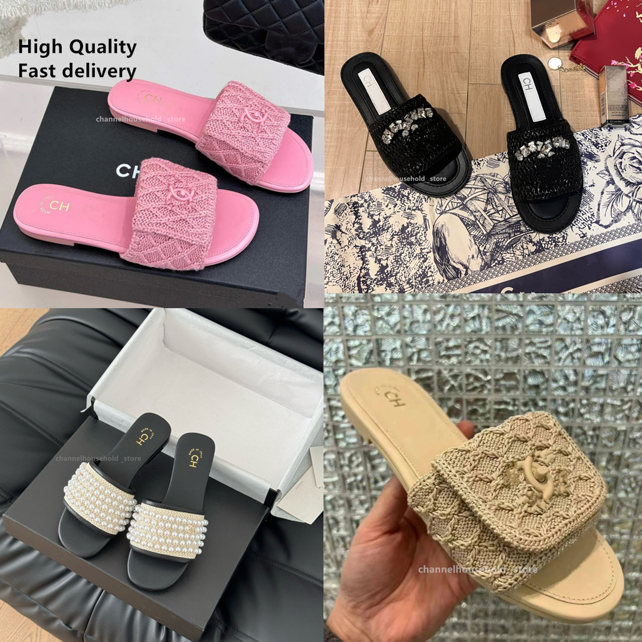 Paris Women Slippers brands Pearl Weave luxury Designer Flat Sandals Fashion Open-toe Vacation Slides Women pink Elegant Slippers Women cha High quality Scuffs ff