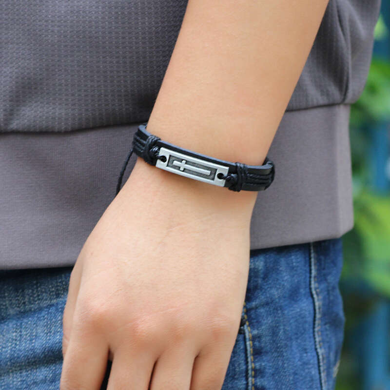 Style Metal Alloy Cowhide Cross Realizes Meaning of Simplicity Jewelry Genuine Leather Bracelet for Men