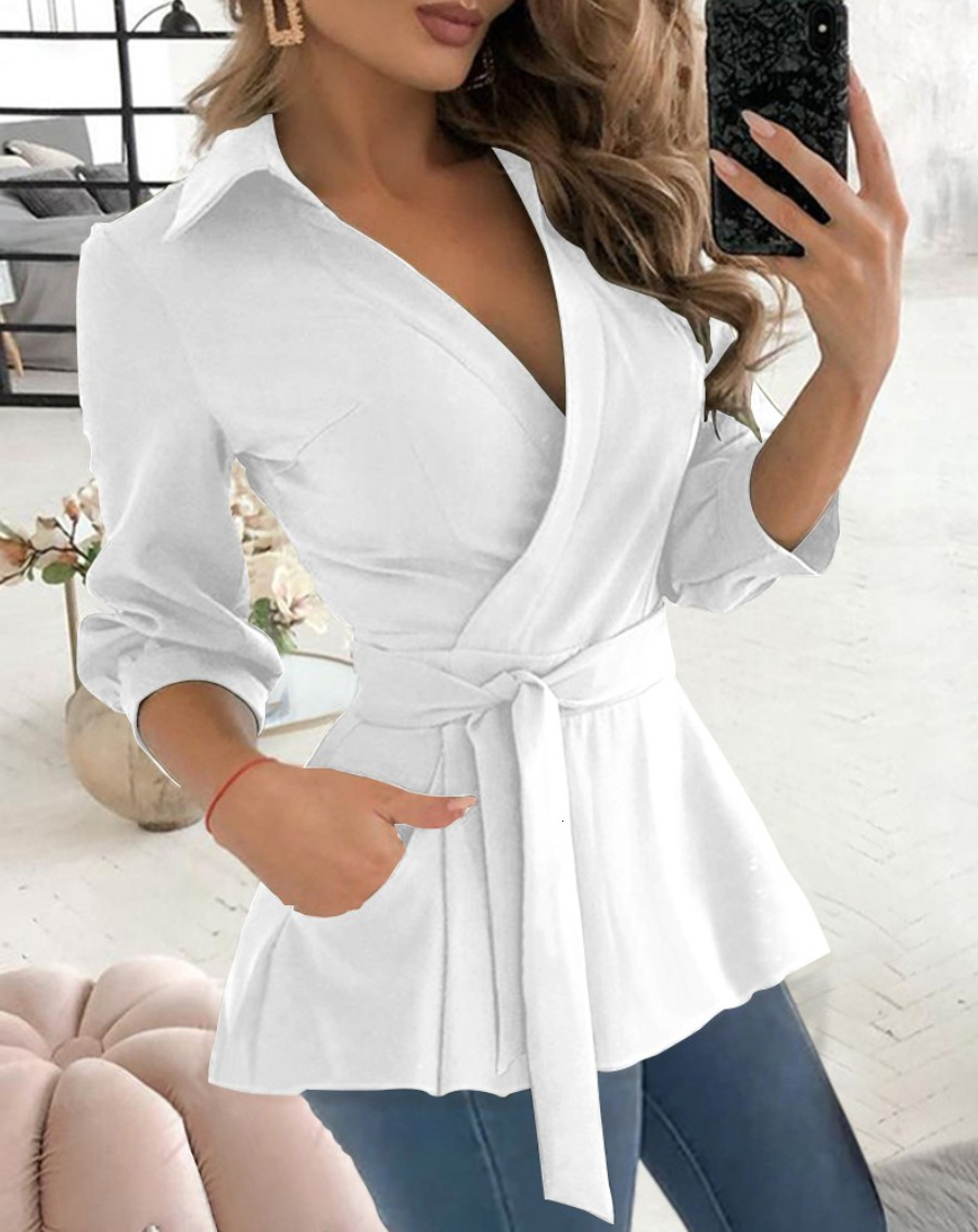 2023 Autumn New Printed Long Sleeve V-neck Belt Shirt for Women