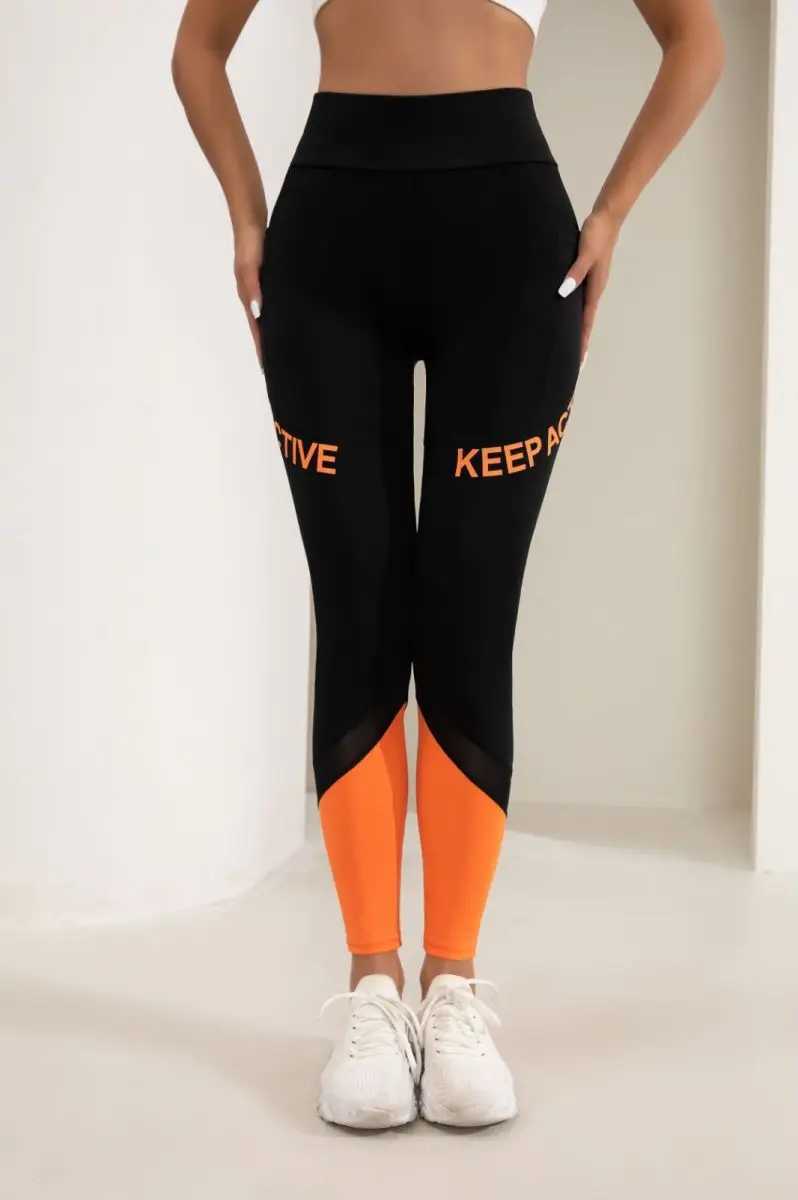 Fitness pants orange mesh patch running pants high waist and abdominal tightening legs elastic sports pants yoga pants CAC250425