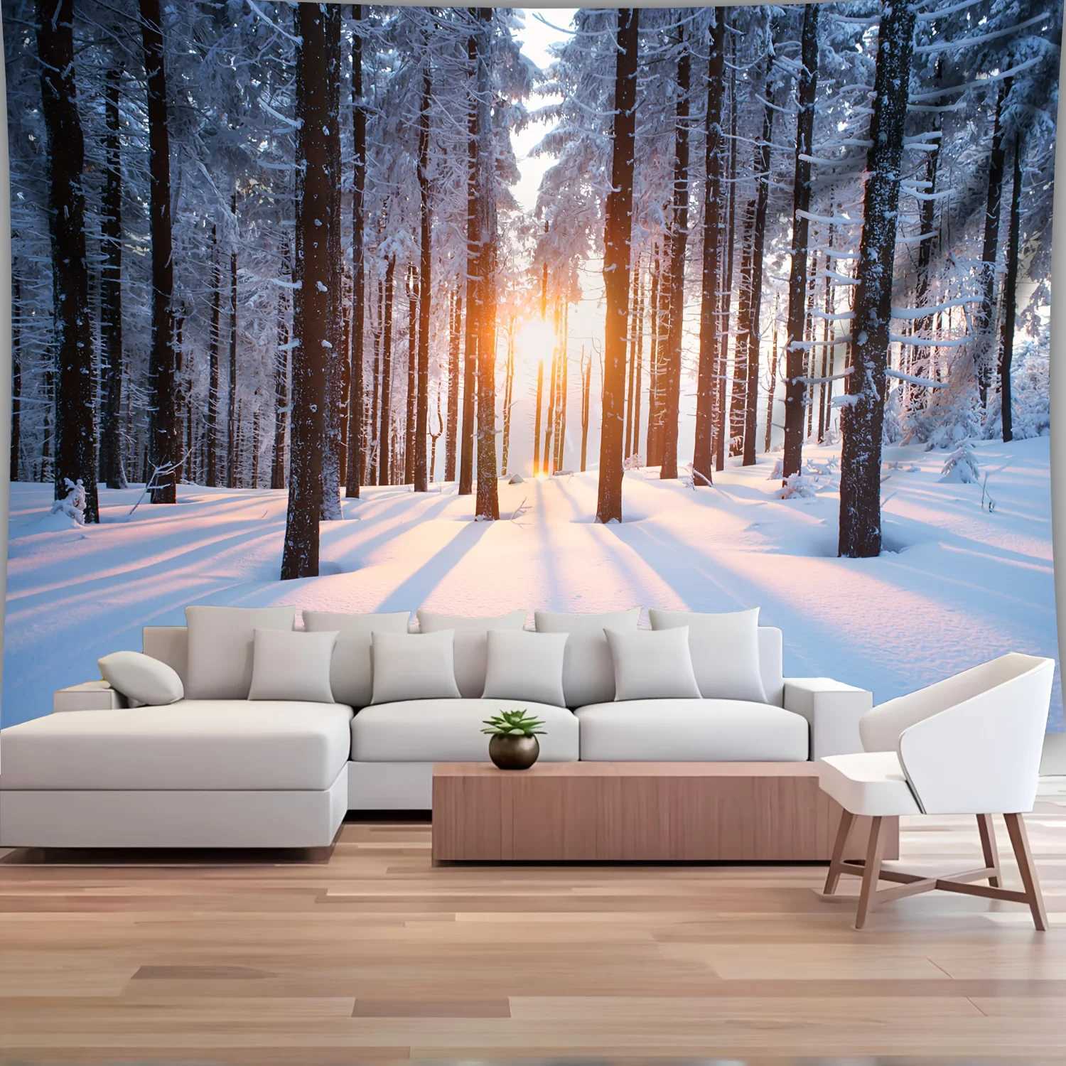 VIKAMA Christmas Nordic Snow Forest Sunlight Tapestry Winter Warmth Living Room Feature Wall Nordic Style Room DecorM251125