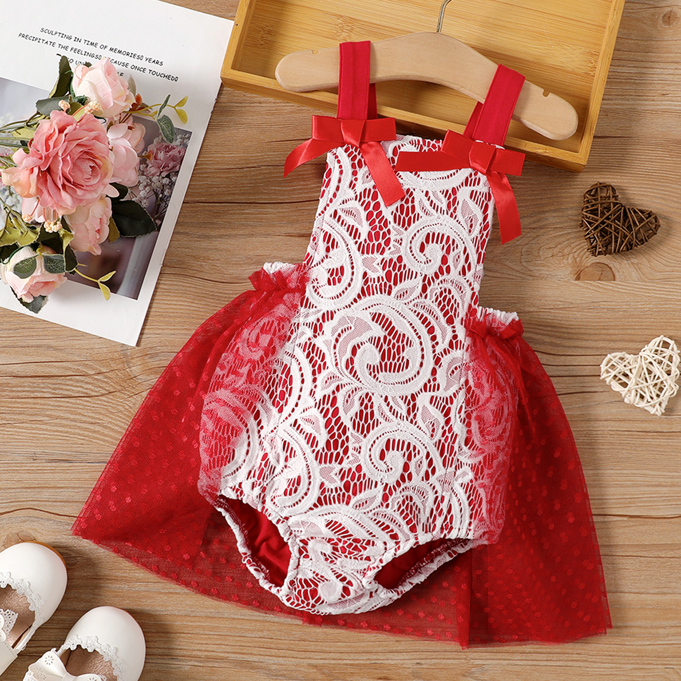 PatPat Baby Girl 95% Cotton Lace Textured Sleeveless Mesh Party Dress Romper