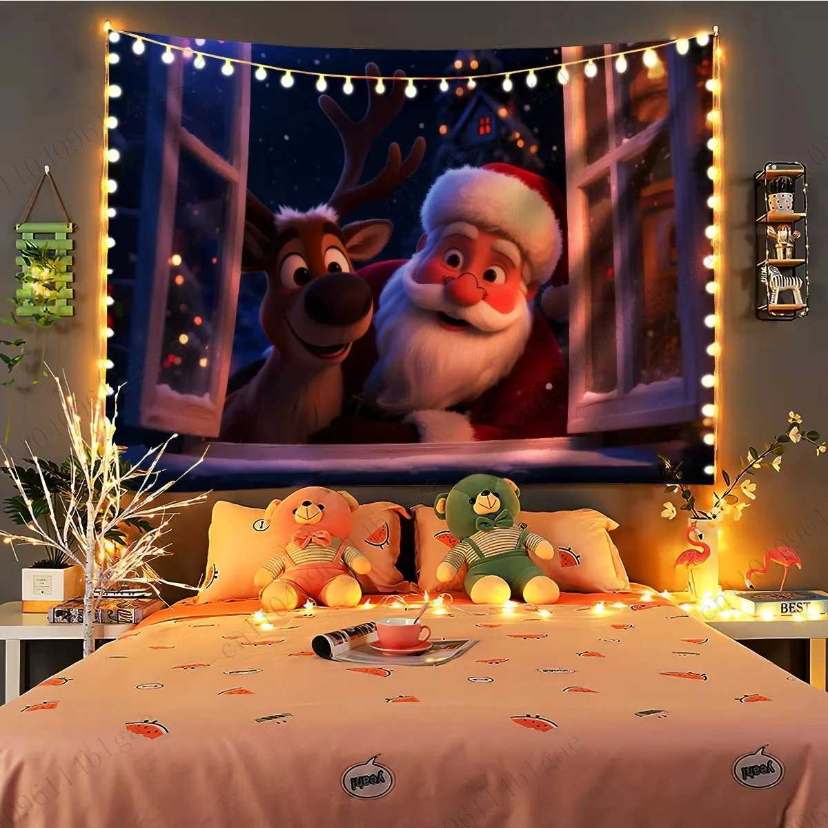 Enchanting Christmas Fantasy Tapestry - Magical Santa And Reindeer Window Moment Wall DecorM251125