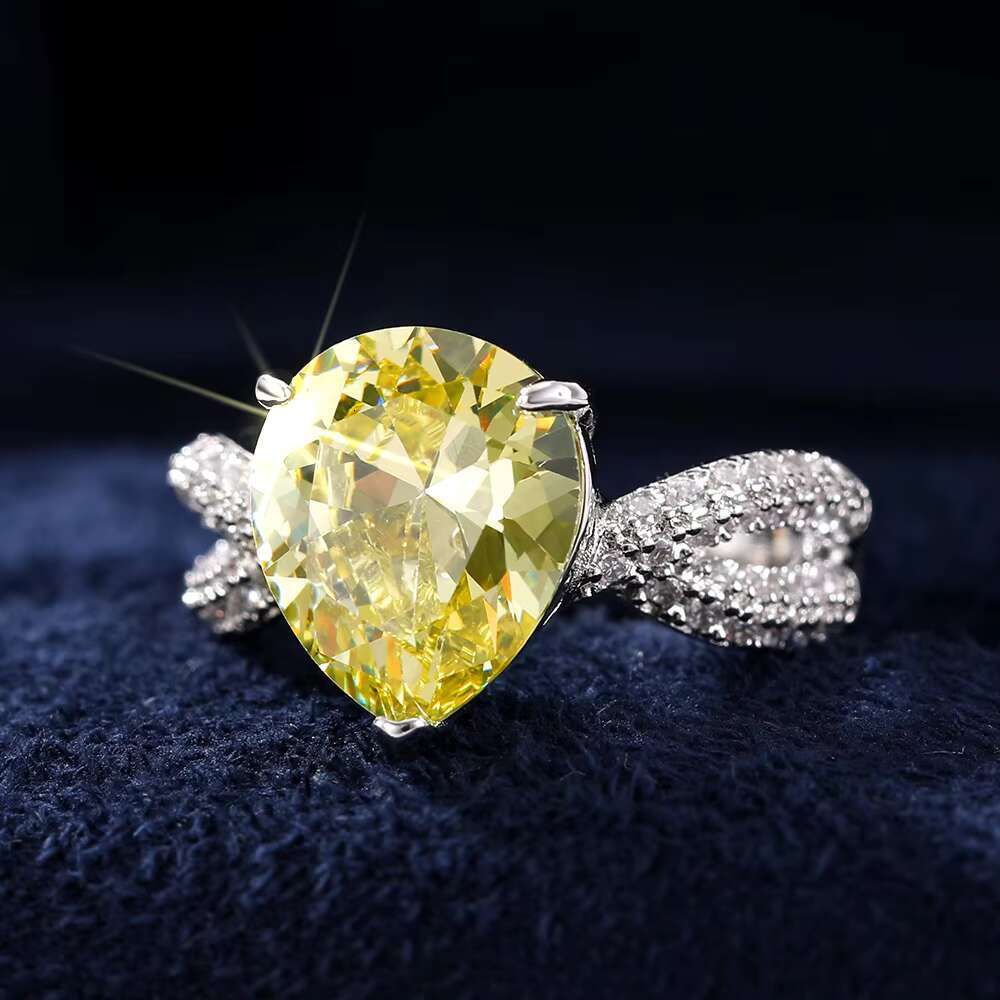 CAOSHI Women Engagement Ring Exquisite Big Pear Shaped Yellow Crystal Imitated Moissanite Silver Plated Rings for Women Jewelry