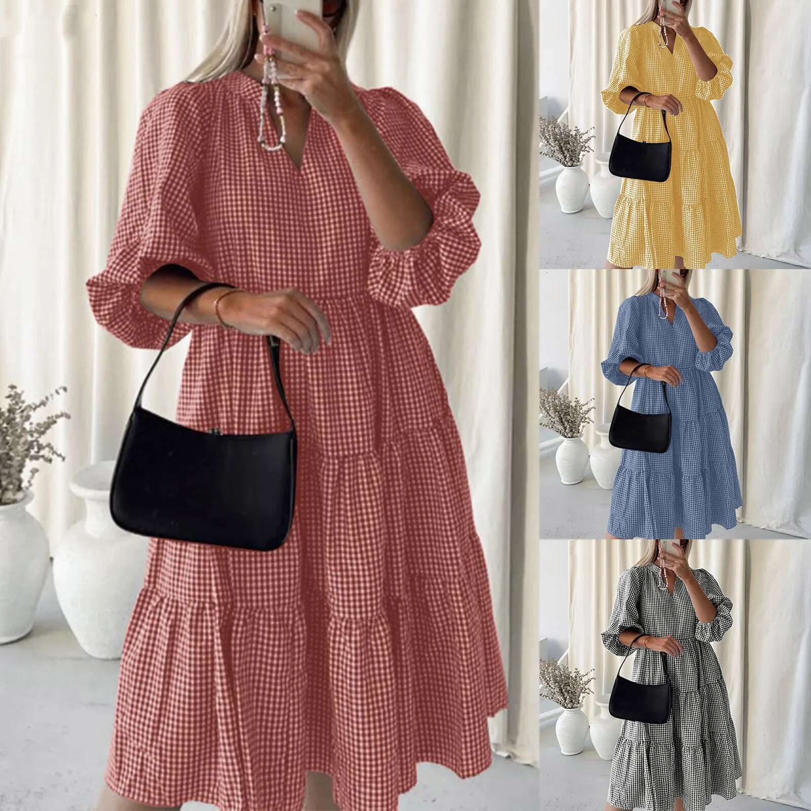 Dongdumaoyi Vintage Summer Plaid Dress Lantern Sleeve Mid Calf Beach Bohemian Women S Sundress Casual Vestidos Oversized