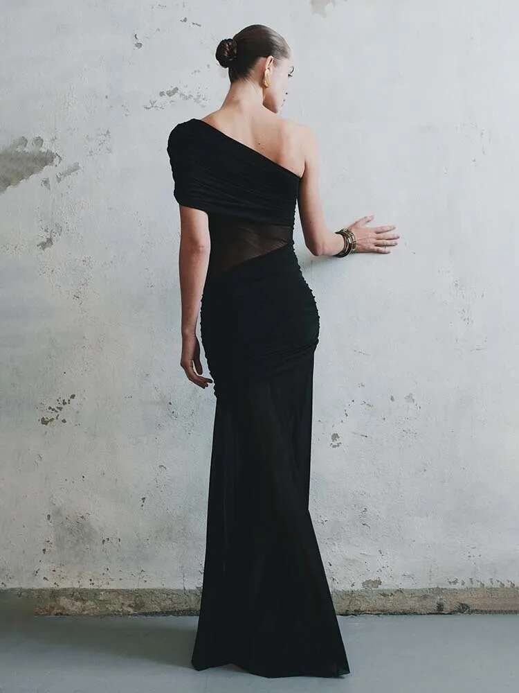Dongdumaoyi Townlike Perspective Mesh Pleated Sexy Party Dress Women One Shoulder Spring Summer Maxi Long Slim Bodycon Dresses