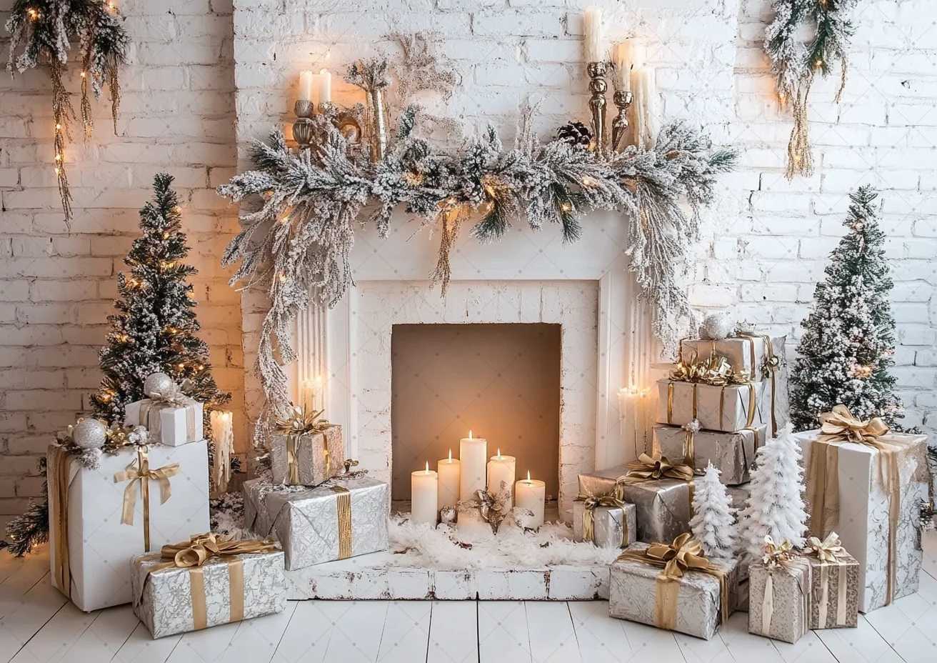 Christmas Fireplace Photography Background Custom New Year White Wall Christmas Tree Child Adult Party Decor Backdrop Photo PropM251125