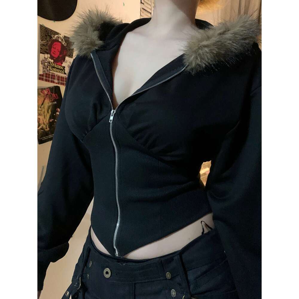 Cuteandpsycho Zip Up Fur Neck Hoodie Coats Fashion Slim Solid Y2k Vintage Women's Jackets Casual Streetwear Chic Basics Clothes