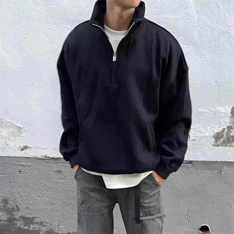 Autumn mens half zipper design sportswear Y2K retro stand up collar pullover hooded sweatshirt M250425