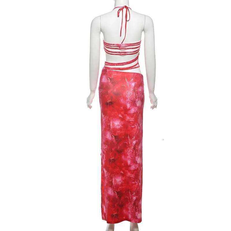 Dongdumaoyi Townlike Print Maxi Long Slim Bodycon Dress Women Halter Spring Summer Hollow Out Nightclub Sexy Party Dresses